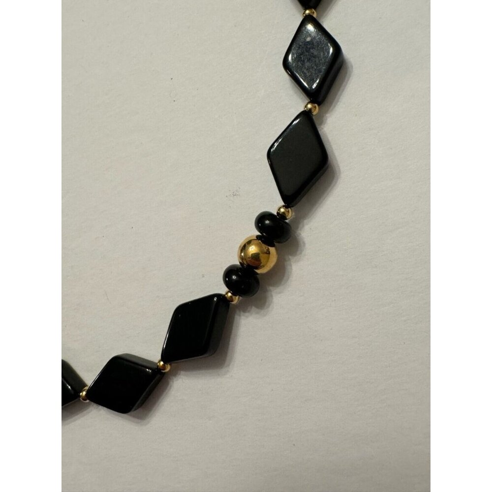 Trifari Necklace Black Lucite Plastic Gold Tone Chunky Geometric Bead Signed 30" - Picture 7 of 9